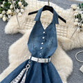 French riviera style halter sleeveless dress - women's summer cinched waist slimming tiered ruffle cake dress