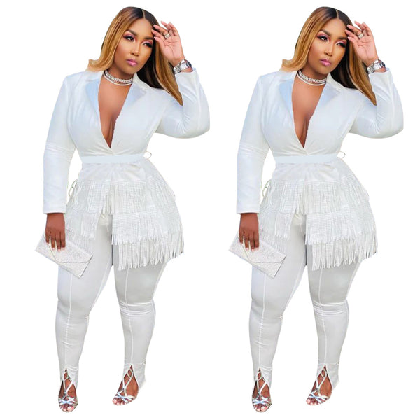 K10228 European and American fashion women's clothing  popular V-neck fringed small suit long-sleeved Roman pants set in stock