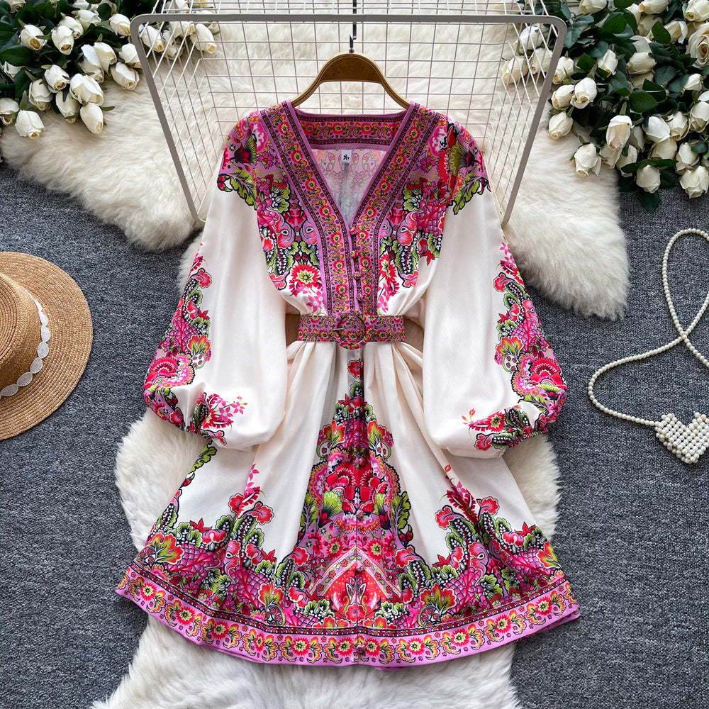 Vintage print v-neck long sleeve bodycon dress - women's summer tie-waist slimming a-line dress - office & casual wear