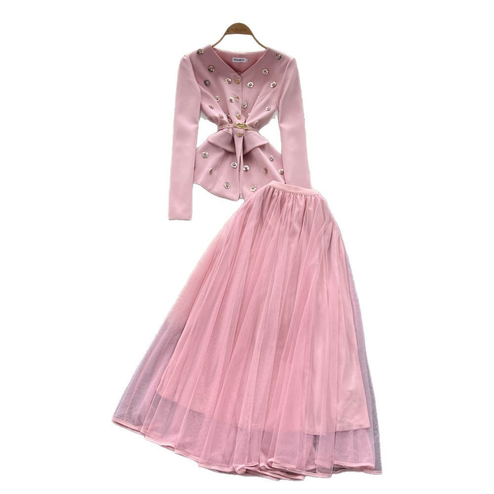 fashionspring & fallelegancesuit women's metal nail diamond long sleeves suit outwear + high waist mesh half length skirt