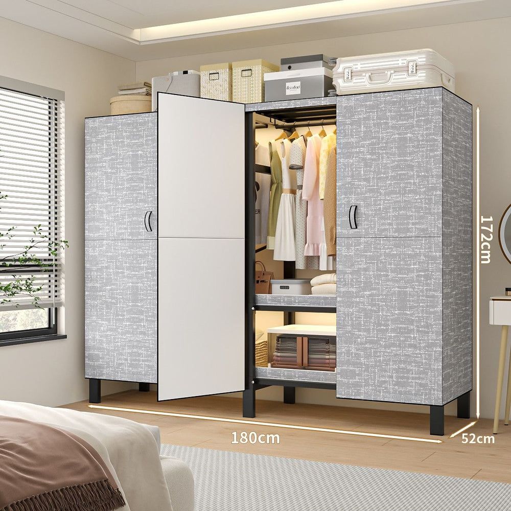 Easy-to-assemble, foldable wardrobe for bedrooms, ideal for home use or rental properties. dustproof, moisture-proof, with reinforced construction, fully sealed, and mildew-resistant. features a convenient swing-out door