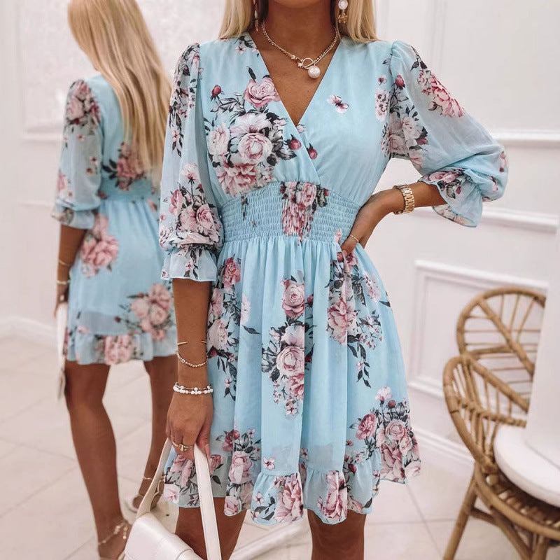 Amazon color block patchwork tiered v-neck flared sleeve a-line casual ruched waist ruffle chiffon dress for women
