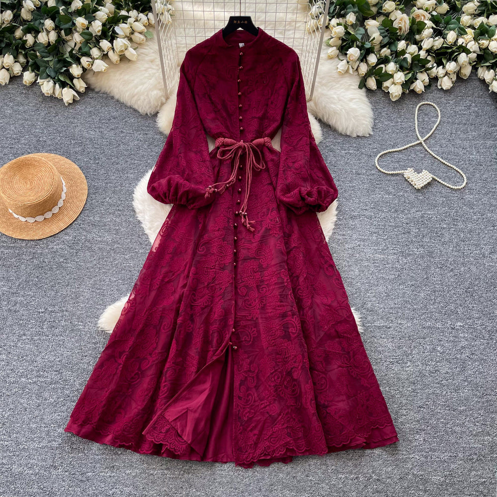French romantic stand collar lantern sleeve lace dress - women's summer slimming a-line maxi dress - elegant and chic