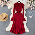 Autumn/winter soft & chic: women's knitted dress - designer cutout, cinched waist, flared sleeves, elegant knit dress