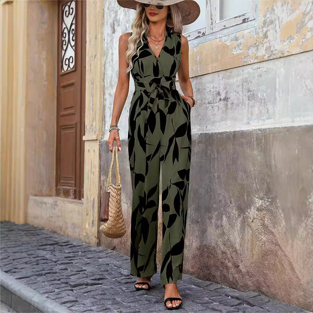 e-commerce  spring/summer new arrival: sleeveless printed jumpsuit with a stylish, high-waisted, tie-waist, wide-leg design for women