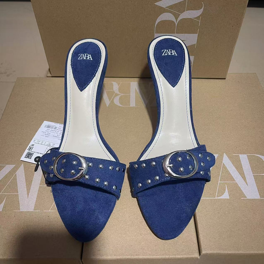Za2024autumnew arrivalwhite bottom blue pointed toe fashion women's shoes one-shaped buckle daily easiest for match sandals women