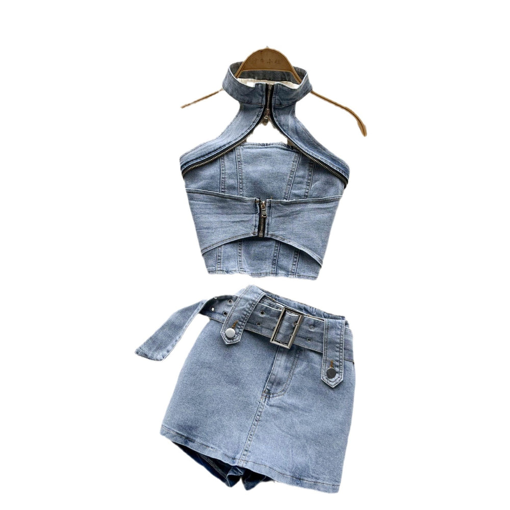 Street style hot girl denim set - women's new summer retro hong kong style halter crop top & mini skirt two-piece outfit