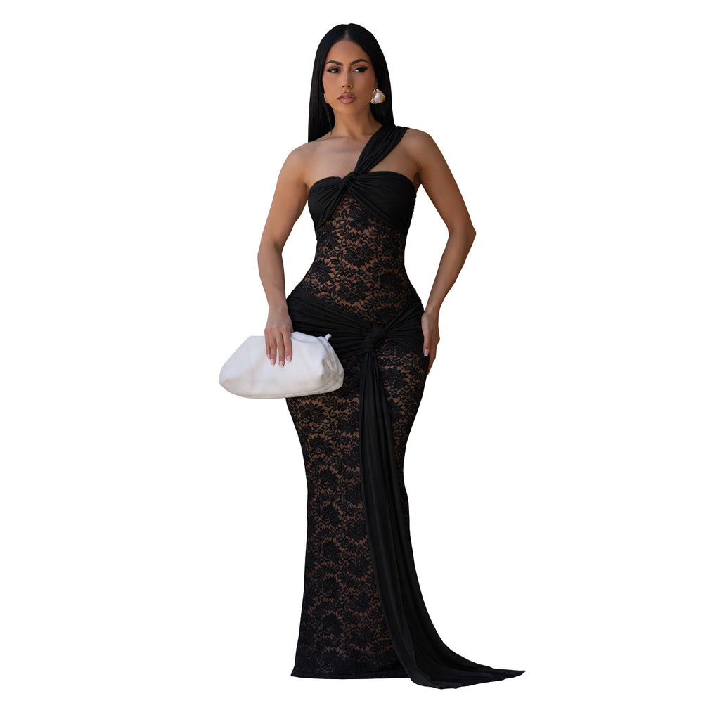 C7692 cross-border   fashion women's sexy lace one-shoulder ruffle bodycon dress