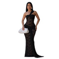 C7692 cross-border   fashion women's sexy lace one-shoulder ruffle bodycon dress