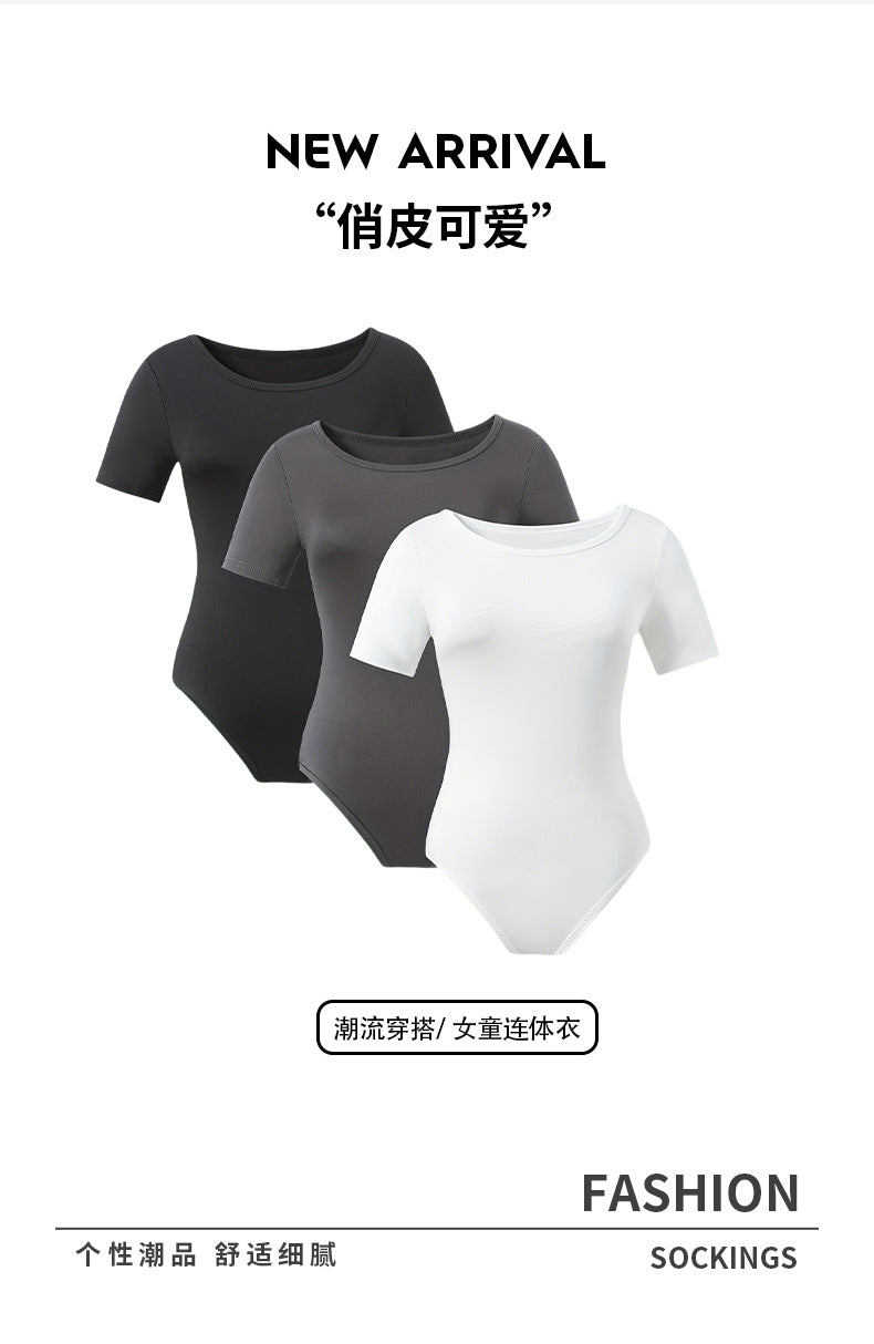 girl's one-piece jumpsuit, european and american style, round neck, short-sleeved, black, white, and gray color block base layer top, children's yoga outfit three-piece set