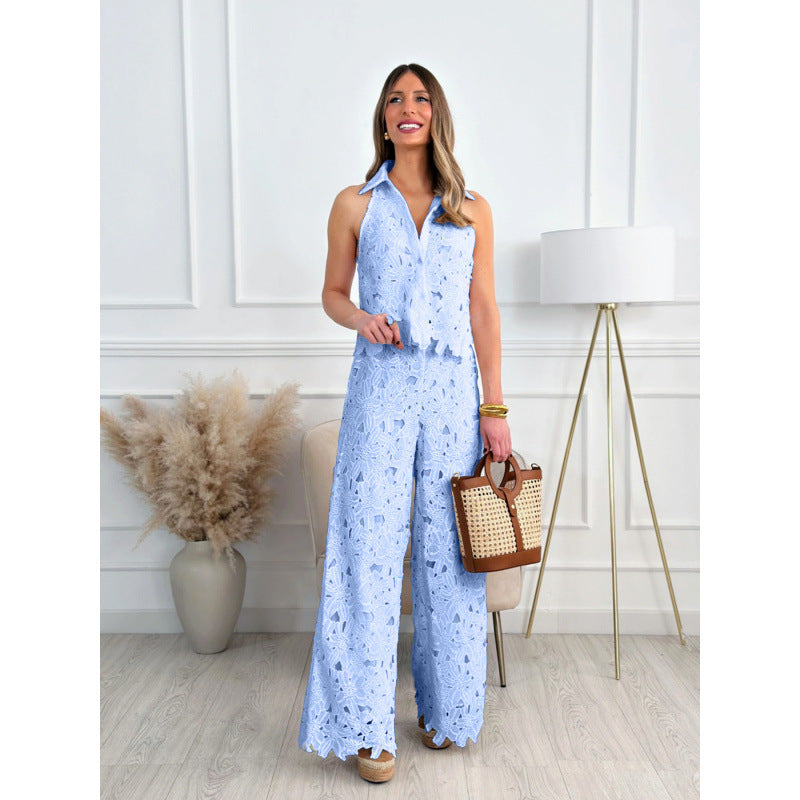 Amazon  summer french style embroidered cutout v-neck tank top + wide-leg straight-leg pants set