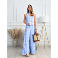 Amazon  summer french style embroidered cutout v-neck tank top + wide-leg straight-leg pants set