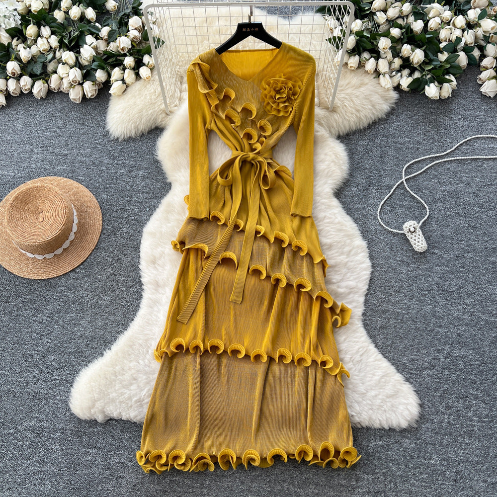 Miya european and american dress women's autumn  new fashion three-dimensional flower strap waist fungus long skirt