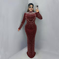 C7617 cross-border   fashion women's elegant velvet rhinestone long sleeve dress