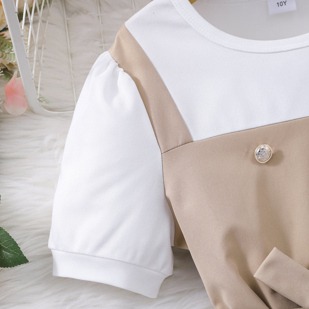 Big kids' (girls') dress, double-breasted suspender dress, short-sleeve faux two-piece dress