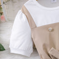Big kids' (girls') dress, double-breasted suspender dress, short-sleeve faux two-piece dress