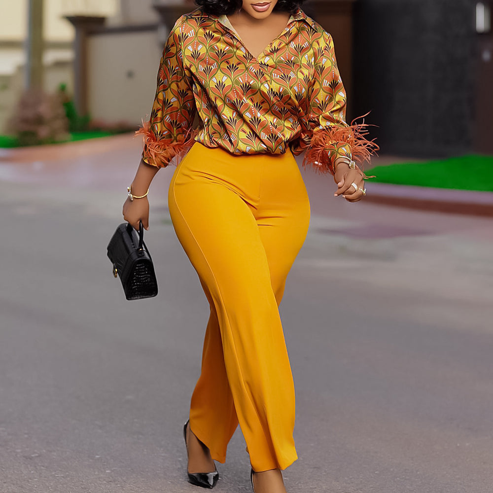 D541 european and american clothing independent station  printing long sleevesshirteleganteleganceloose pantsfashion african suit