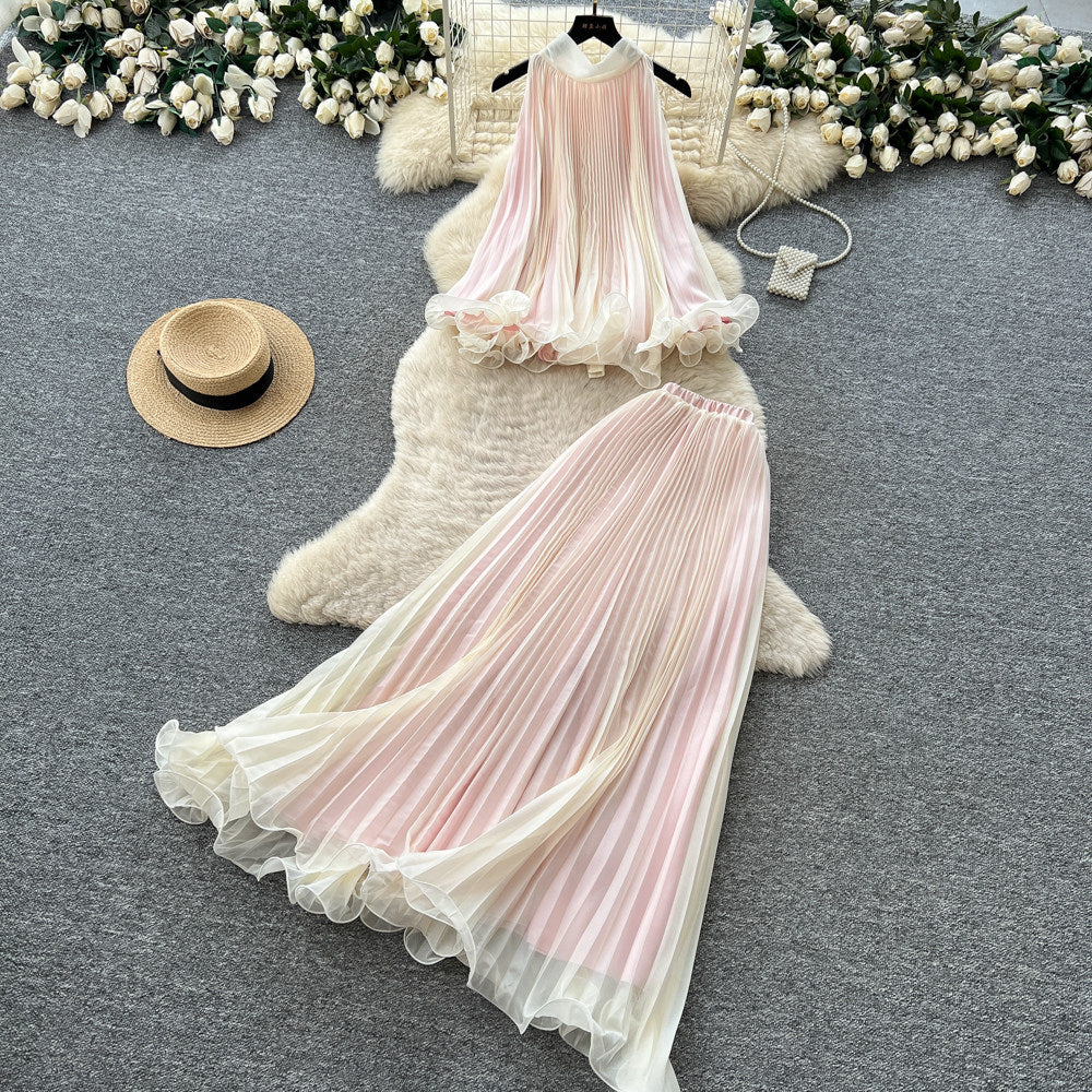 Vacation style halter pleated vest high waist skirt two-piece set women's summer playful sweetfashionelegantsuit