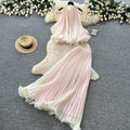 Vacation style halter pleated vest high waist skirt two-piece set women's summer playful sweetfashionelegantsuit