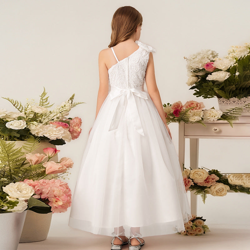 European and american style girls' white wedding dress, piano performance outfit, children's runway show host evening gown, cross-border customization