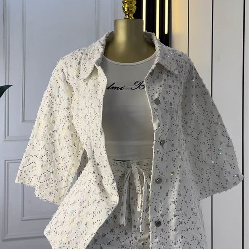 European and american cross-border women's fashion:  autumn new collection - luxury rhinestone embellished three-quarter sleeve blouse and wide-leg shorts set