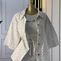 European and american cross-border women's fashion:  autumn new collection - luxury rhinestone embellished three-quarter sleeve blouse and wide-leg shorts set