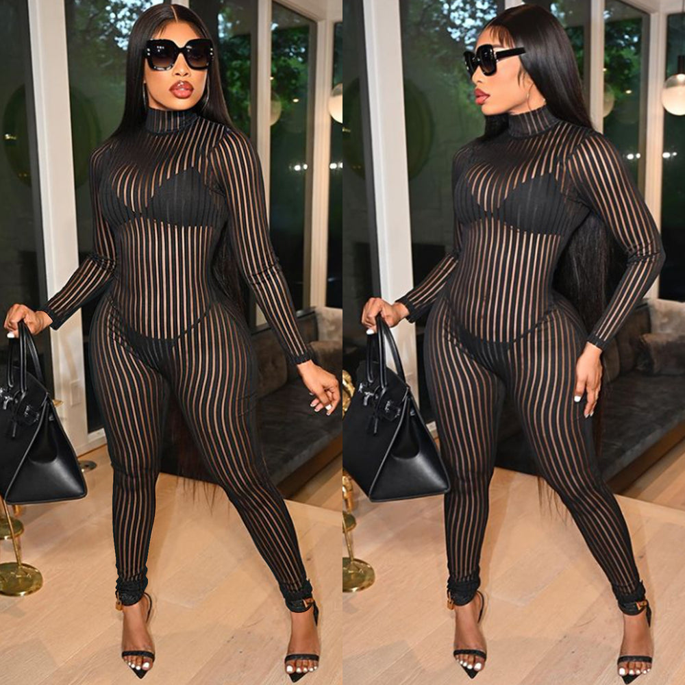 C5345 cross-border new arrival: sexy see-through striped bodysuit with long sleeves and pants - perfect for  and