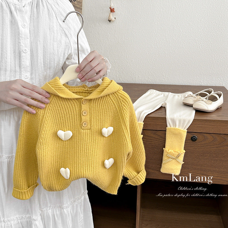 Girls' outfit set -  autumn/winter collection: stylish heart-hooded sweater (yellow top) & bow-tie leggings two-piece set