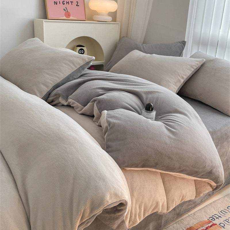 Solid color milk fleece four-piece set, winter thickened coral fleece bed sheet quilt cover, Nantong flannel bed three-piece set