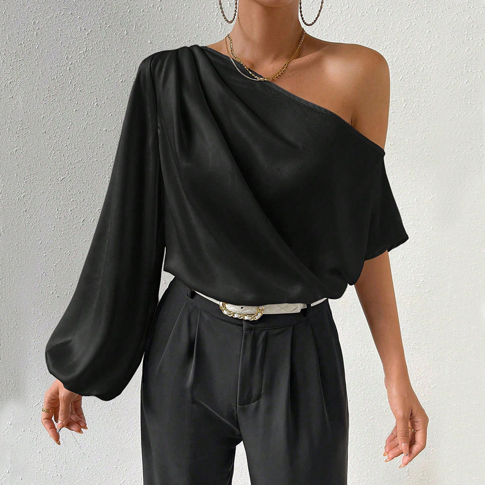 european and american women's clothing  fall/winter elegant one-shoulder long sleeve sexy off-the-shoulder loose fit asymmetrical neckline designer top