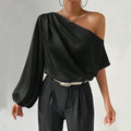 european and american women's clothing  fall/winter elegant one-shoulder long sleeve sexy off-the-shoulder loose fit asymmetrical neckline designer top