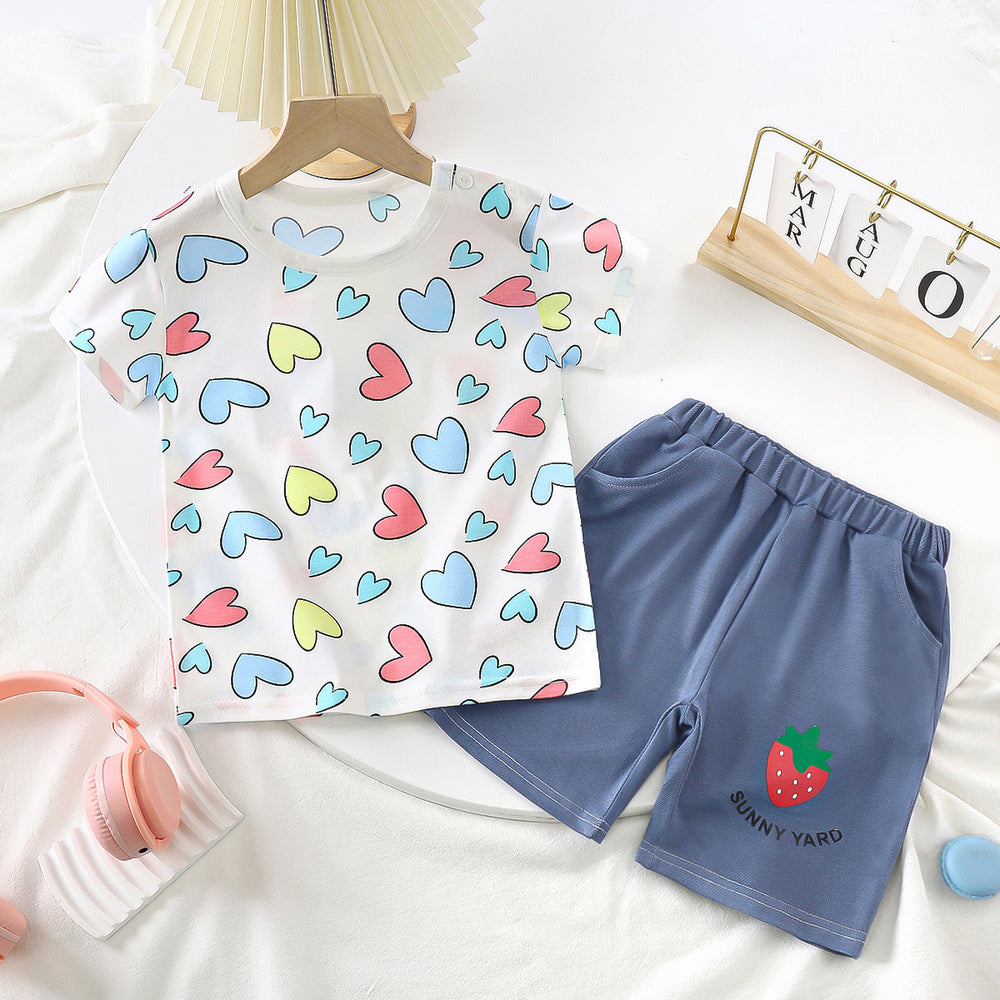 summer kids' short-sleeve set: toddler & children's pure cotton denim casual short-sleeve & shorts two-piece outfit - dropshipping available
