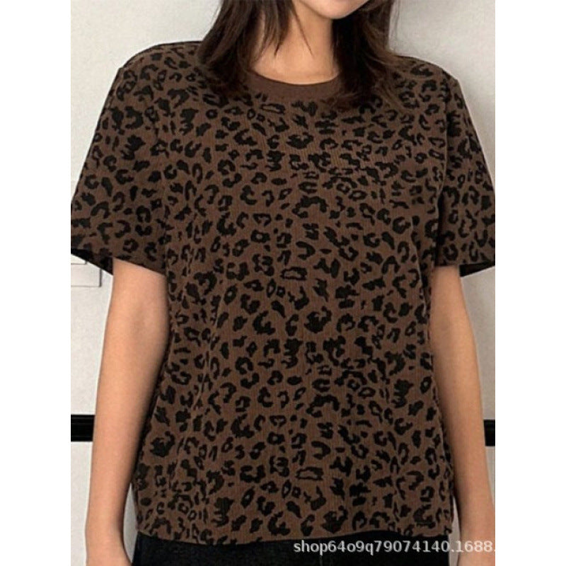 summer y2k leopard print crew neck short sleeve top - women's slim fit sexy beauty loose casual slimming t-shirt