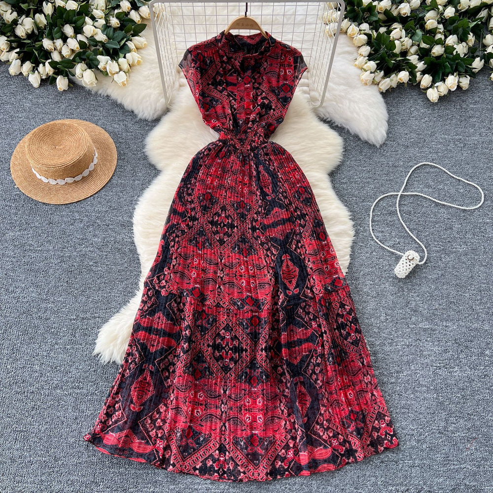 Frenchretroelegancedress women's classy stand collar sleeveless waist slimming look a-line floral pleated chiffon skirt