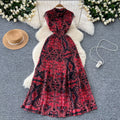 Frenchretroelegancedress women's classy stand collar sleeveless waist slimming look a-line floral pleated chiffon skirt