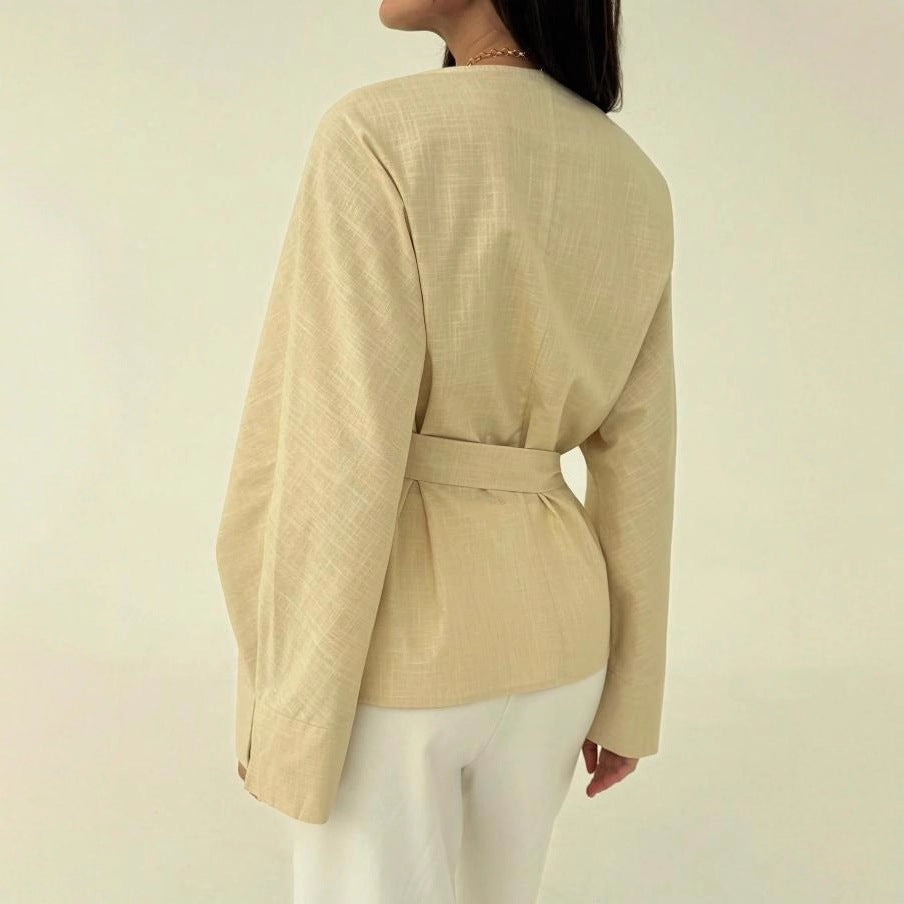 summer new arrival: solid color v-neck long sleeve tie-up top with elastic waist casual women's blouse for cross-border wholesale
