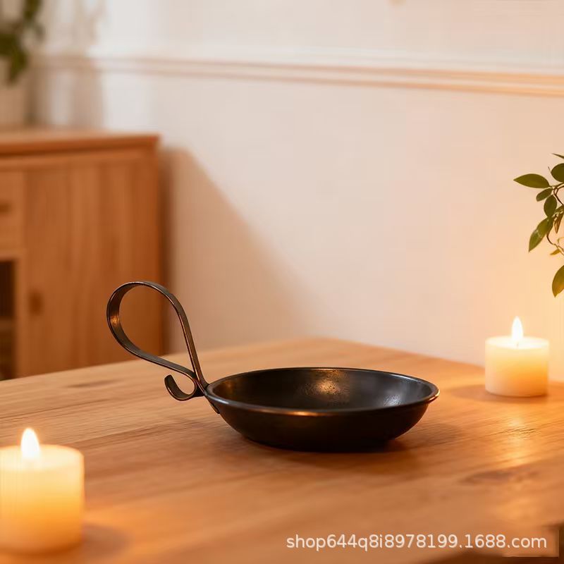 Black round base candlestick with handle - modern minimalist pillar candle holder for home decor - table candlestick