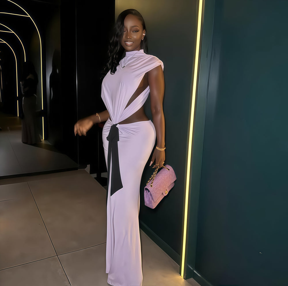 European and american cross-border women's fashion:  autumn new collection - solid color sleeveless stand collar open back top & sexy midi skirt two-piece set