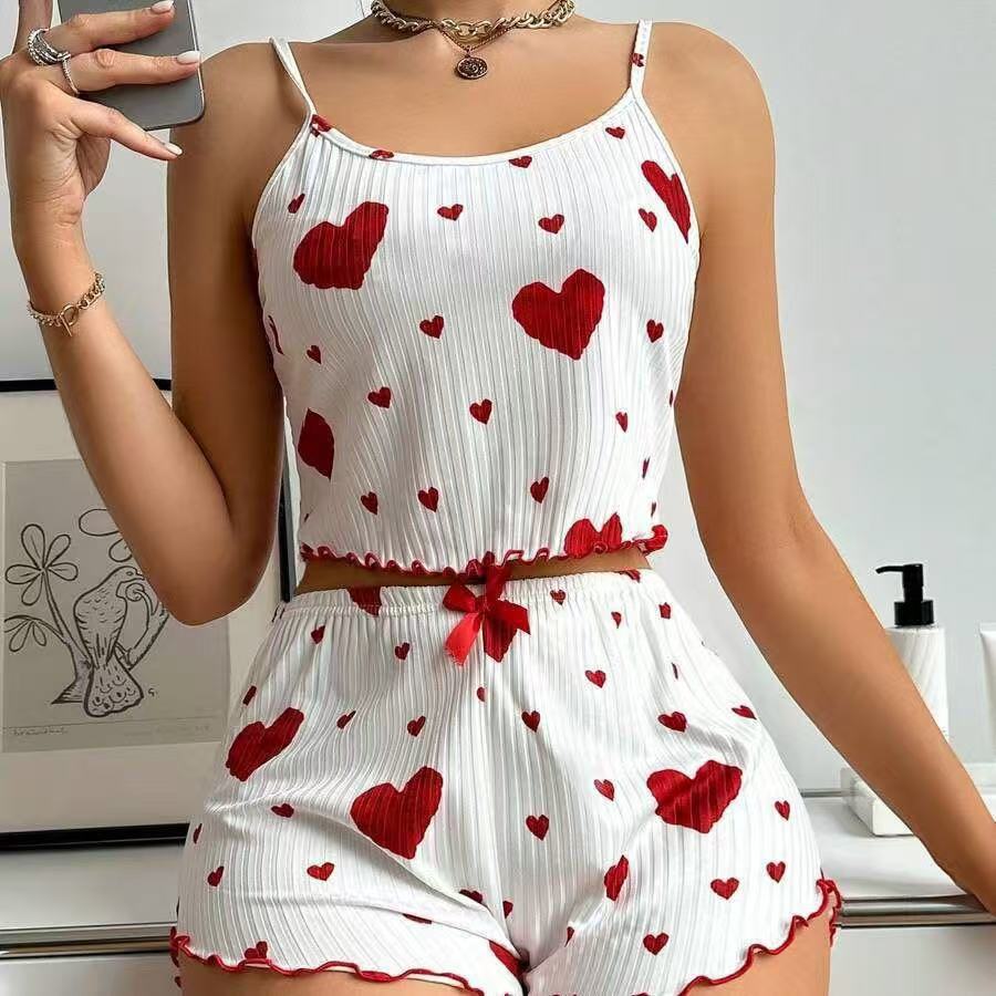 Tumu cross-border  hot-selling home clothes heart printing pajamas suitexport hot-selling suspender shorts two-piece set