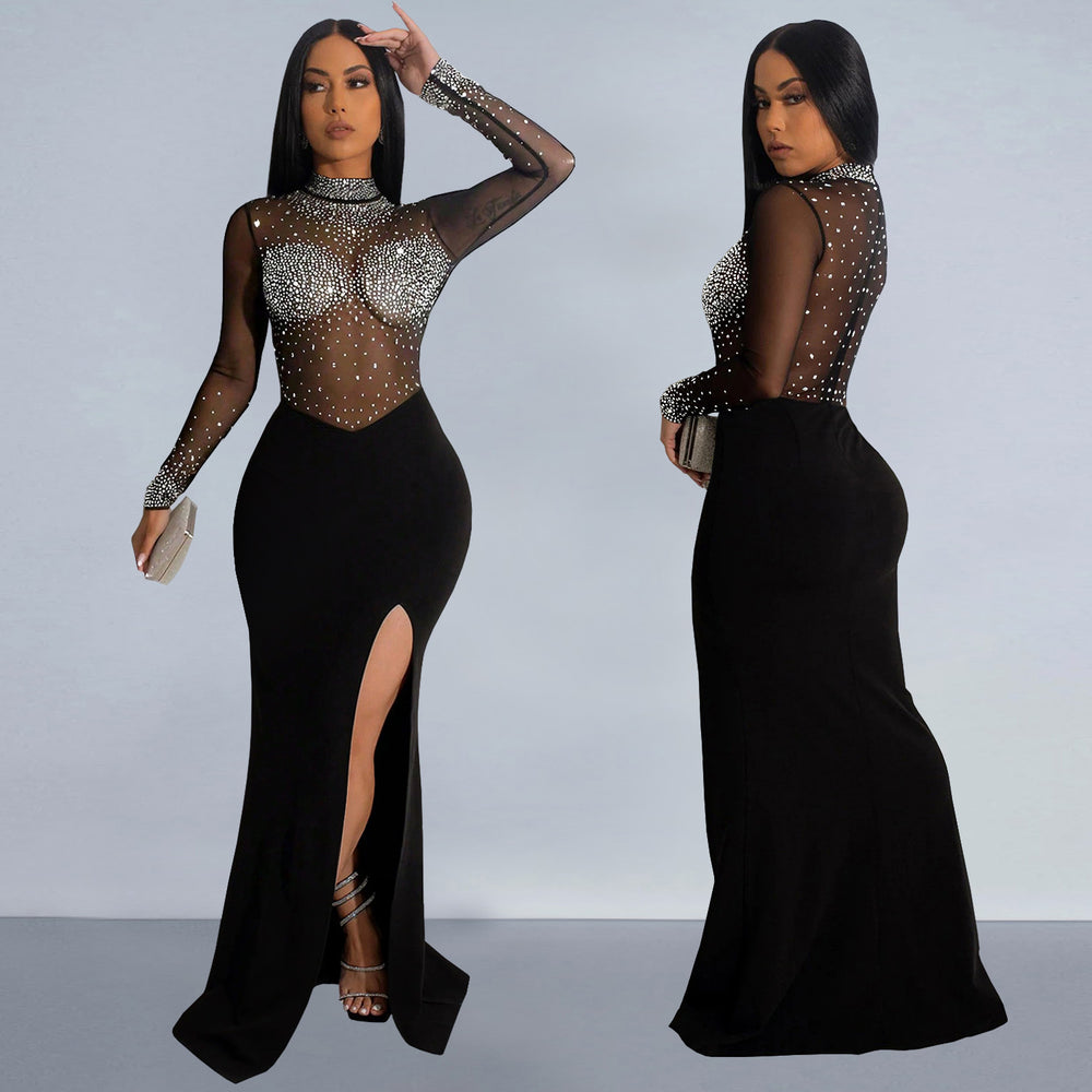C7330 cross-border   fashion women's sexy see-through mesh rhinestone slit dress