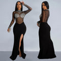 C7330 cross-border   fashion women's sexy see-through mesh rhinestone slit dress