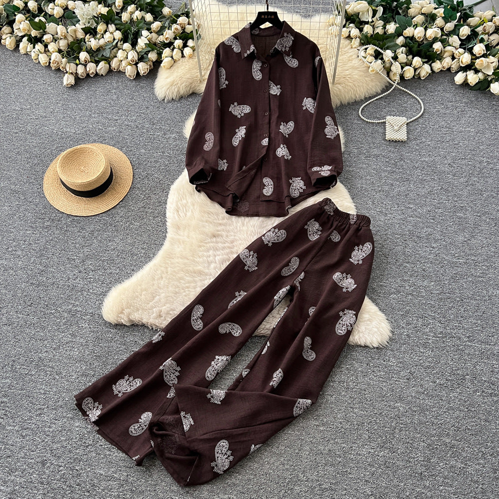 export retro print shirt & high-waisted wide-leg pants two-piece set - women's autumn/spring commute chic casual outfit