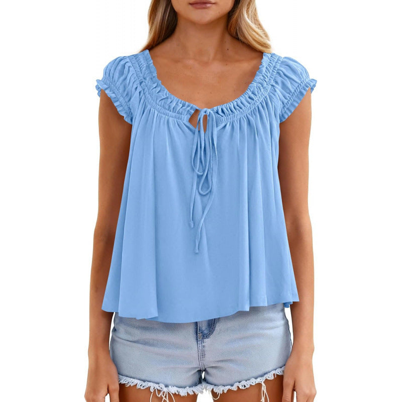 fashioneleganttie backrufflesshirt women's  summer new arrivalfashion pleated tops