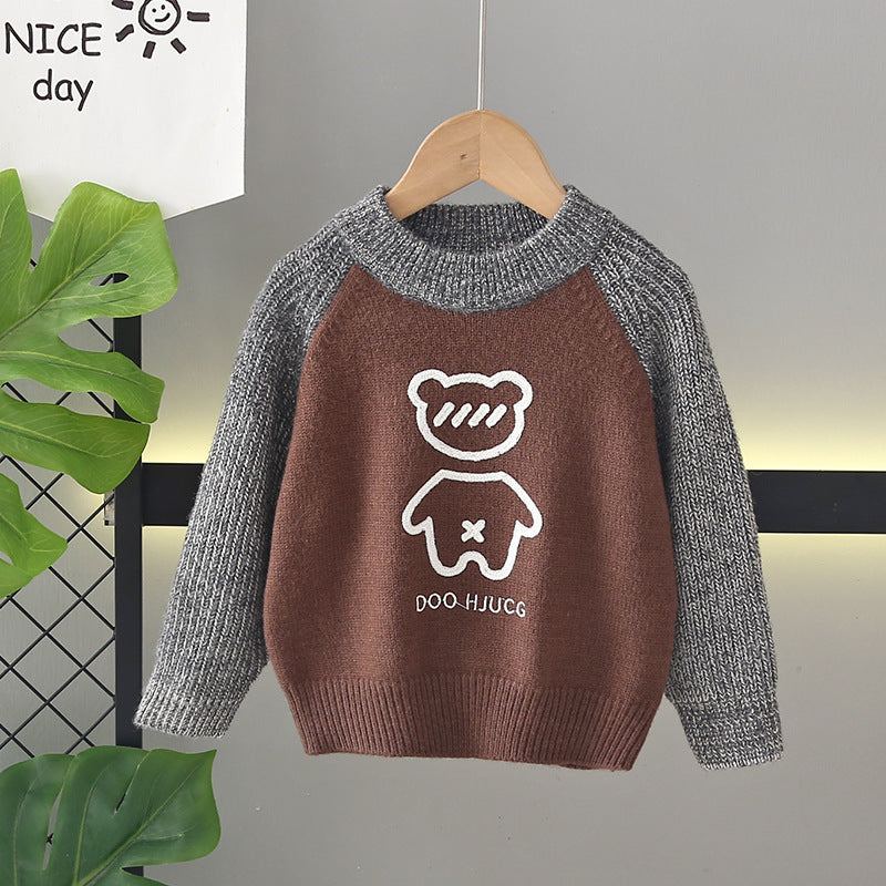 Kids' fleece-lined sweater:  winter collection - thickened pullover knit top, korean style, boys' crew neck wool sweater