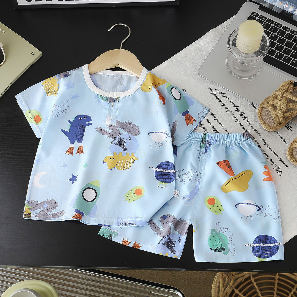 Summer children's cotton silk short-sleeve set: boys' loungewear, girls' cotton silk pajamas, baby air conditioning suit, wholesale children's clothing