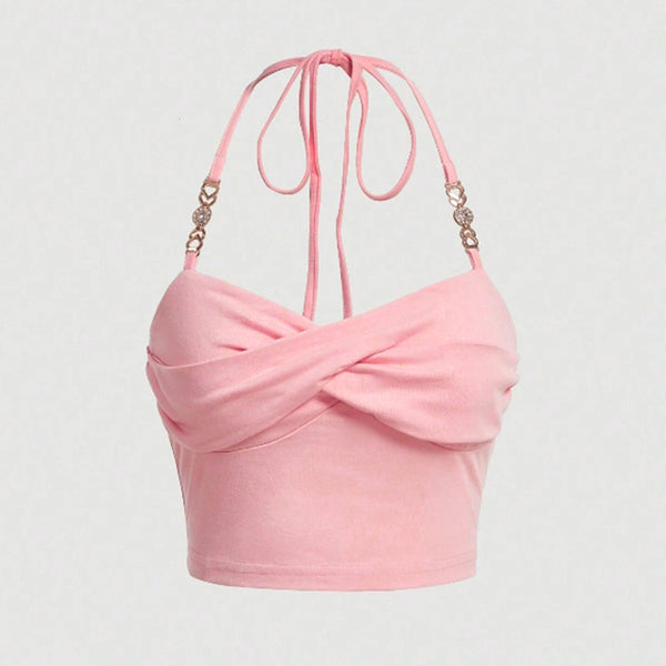 women's clothing pink sexy suspender vest 2025 spring and summer new short neck back top