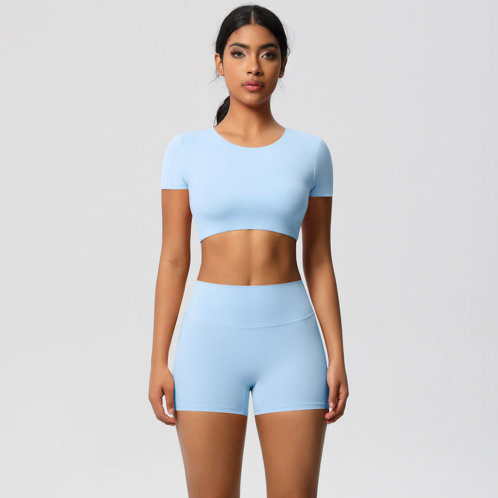 European and american nude feel quick-dry short sleeve yoga set with padded bra, compression workout training shorts, running fitness outfit