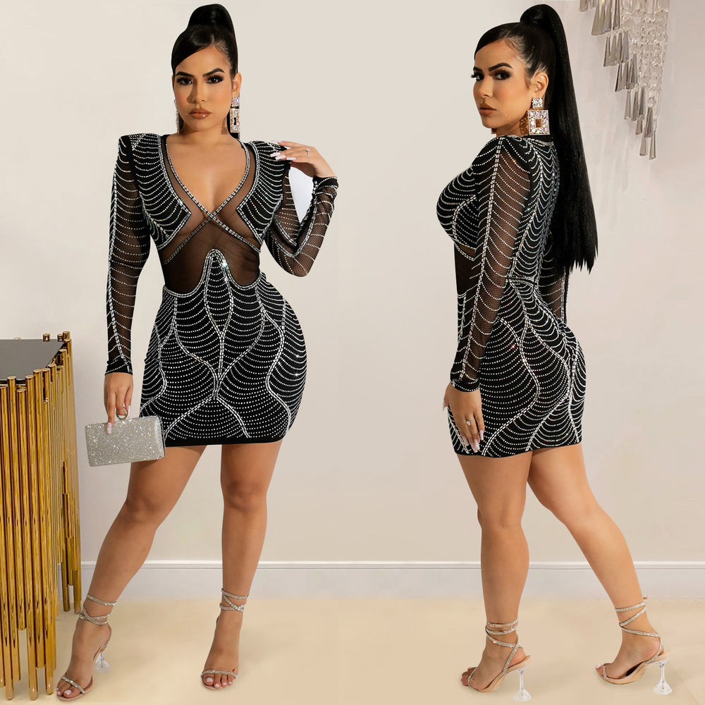 X5656 cross-border   fashion sexy women's nightclub long sleeve rhinestone mesh see-through dress