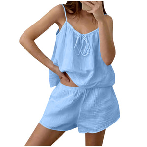 spring/summer new fashion double gauze comfortable soft camisole and shorts pajama set - cross-border home wear wholesale