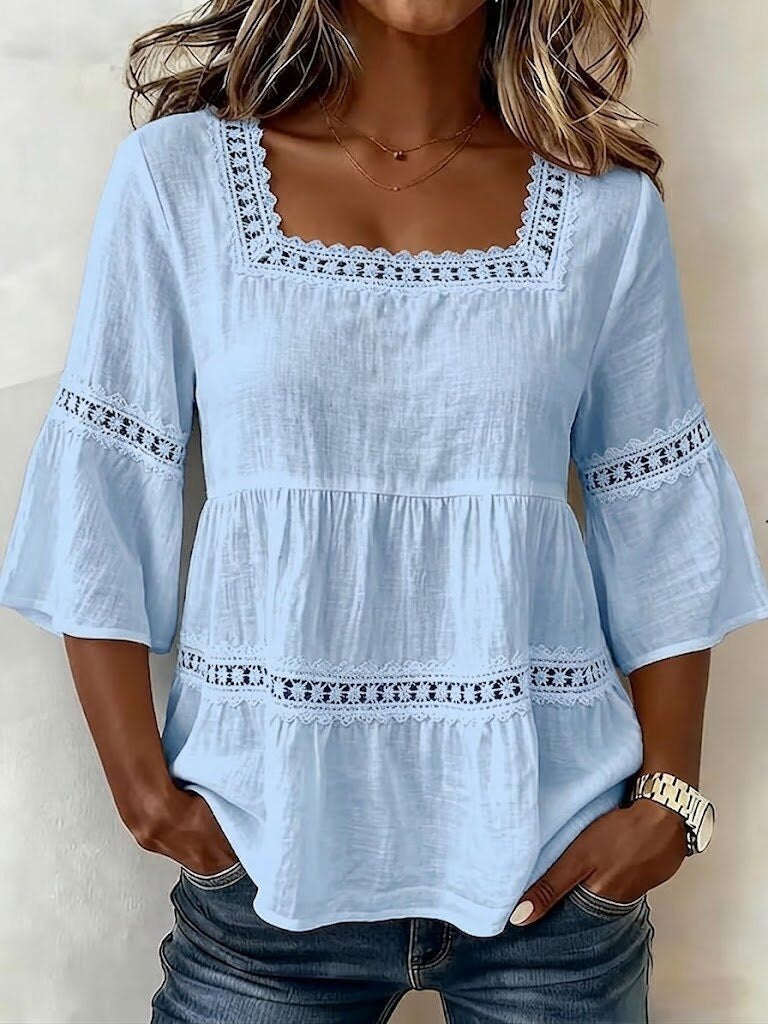 cross-border  summer solid color casual square neck cotton linen lace trimmed three-quarter sleeve top for women